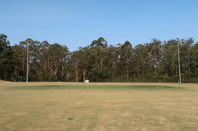 Field of dry grass with green, semi bald patch in the middle and signpost warning people to keep off cricket wicket.